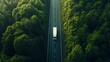 © The Little Hut - Aerial top view of car and truck driving on highway road in green forest Sustainable transport Drone view of hydrogen energy truck and electric vehicle driving on asphalt road through  : Generative AI