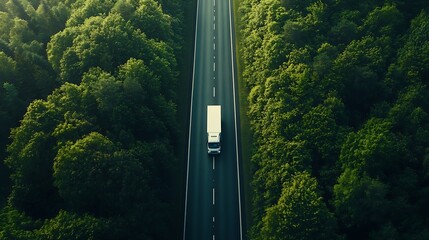 Fototapete - Aerial top view of car and truck driving on highway road in green forest Sustainable transport Drone view of hydrogen energy truck and electric vehicle driving on asphalt road through  : Generative AI