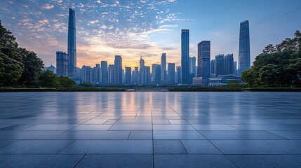 Wall Mural - Empty square floor with modern city buildings scenery in Guangzhou Road and buildings background : Generative AI