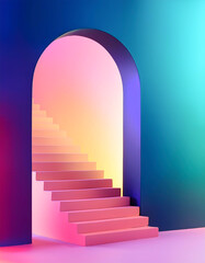 3d render illustration in modern geometric style Arch and stairs in trendy minimal interior Gradient pastel colors background Abstract composition