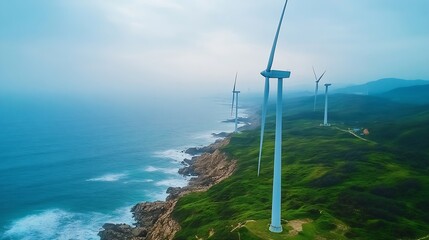 Poster - Landscape with Turbine Green Energy Electricity Windmill for electric power production Wind turbines generating electricity on ocean at Ba Dong Tra Vinh Vietnam Clean energy concept : Generative AI