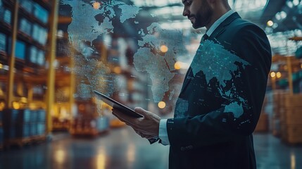 Poster - Multiple exposures of Businessman touching tablet for analyze stock at logistics port and world map with logistic network distribution : Generative AI