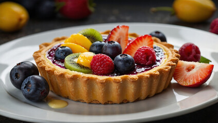 Fruit tart with a buttery crust, filled with custard and topped with a variety of colorful fresh fruits.