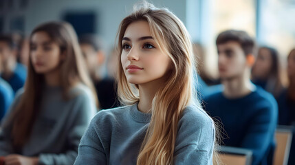 Sticker - A focused young woman in a classroom setting among peers.