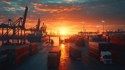 Poster - Container truck in ship port for business Logistics and transportation of Container Cargo ship and Cargo plane with working crane bridge in shipyard at sunrise logistic import export c : Generative AI