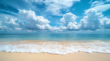 Horizon beautiful landscape summer season vertical front view tropical sea beach white sand clean blue sky cloud background calm nature ocean wave water travel holiday relax at island  : Generative AI