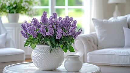 Poster - Interior of living room with bouquet of lilacs branches on coffee table and white armchairs : Generative AI