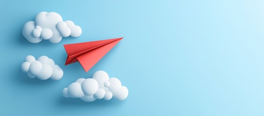 Paper airplane flying in blue sky with white cloud, red and grey color palette