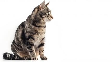 Grey stripped mixed-breed cat sitting, isolated on white. 