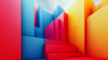 Poster - A colorful building made of blocks with a blue and red section