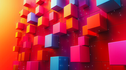 Poster - A colorful wall of blocks with a red background. The blocks are in various colors, including pink, blue, and yellow. The image has a vibrant and playful mood