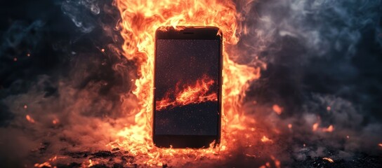 Wall Mural - Photo of a burning smartphone with flames and smoke, representing the impact that digital displays