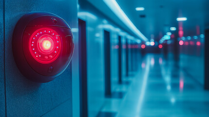 Poster - A red light on a camera is lit up. The hallway is empty
