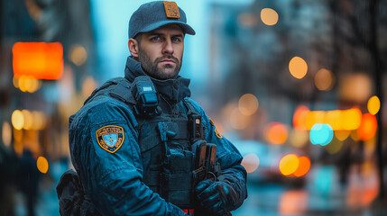 Wall Mural - A police officer stands in the rain with a gun in his hand. The image has a mood of tension and seriousness