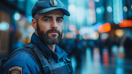 Poster - A man in a blue uniform with a hat and a badge on his chest. He is standing in the rain