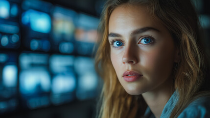 Poster - A woman with long blonde hair and blue eyes is staring at the camera. She is wearing a blue shirt and she is focused on something