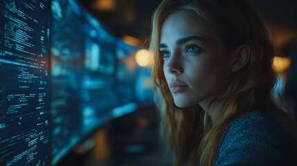Poster - A woman is staring at a computer screen with a blue background. The woman's face is illuminated by the screen, and she is focused on the content displayed. Concept of concentration and determination