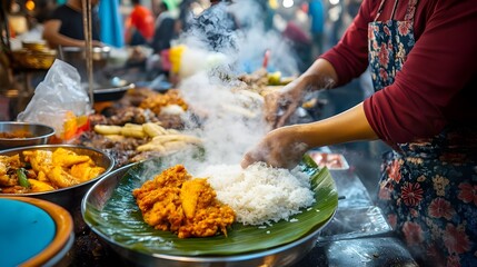 Street Vendor Cooking Curry with Steaming Rice