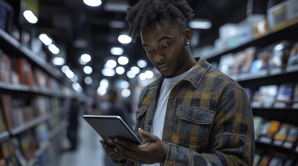 Poster - A man is looking at a tablet in a store. He is wearing a plaid jacket. The store is filled with books