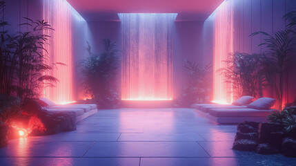 Poster - A room with a waterfall and a lot of plants. The room is lit up with neon lights and has a calming atmosphere