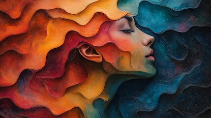 Wall Mural - A woman's face is painted in a colorful, abstract style. The colors are bright and bold, creating a sense of energy and movement. The painting seems to be a work of art