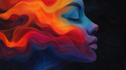 Poster - A colorful painting of a woman's face with a blue and orange swirl. The painting is abstract and has a dreamy, surreal feel to it