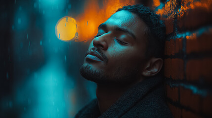 Poster - A man is leaning against a brick wall, looking at the camera. The image has a moody, introspective feel to it, as if the man is lost in thought. The rain outside adds to the somber atmosphere
