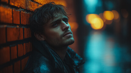 Poster - A man is leaning against a brick wall, looking down at his hands. The image has a moody and introspective feel, as the man is lost in thought