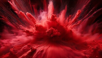 Wall Mural -  Vibrant red powder explosion bursting outward in a symmetrical pattern, with particles finel