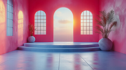 Poster - A room with a pink wall and a blue floor. There are two vases on the floor, one on the left and one on the right. The room has a very clean and minimalist look