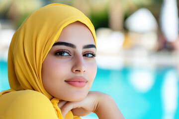 arabian woman relaxing on edge of swimming pool in a hotel resort