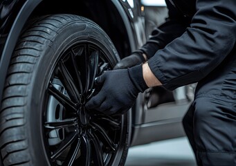 Close-up of an auto mechanic in black uniform and gloves changing the tire on car wheel with copy space.