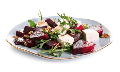 Wall Mural - Plate of fresh salad with beet and walnut on white background