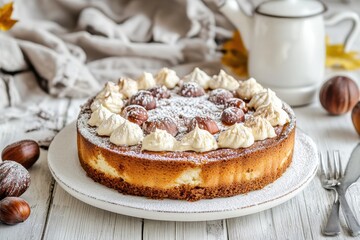 Poster - Newly baked chestnut cream cake on white wooden table