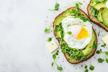 Wall Mural - Nutritious breakfast with whole wheat toast avocado poached egg cheese and sprouts Top view Healthy eating