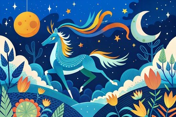unicorn and moon, fantasy, fairy tale and magic. vector illustration