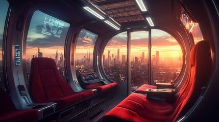 Interior of a futuristic vehicle with panoramic views of a city skyline at sunset.