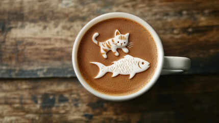 Wall Mural - Closeup of a latte art of a cat and a fish - Generative AI