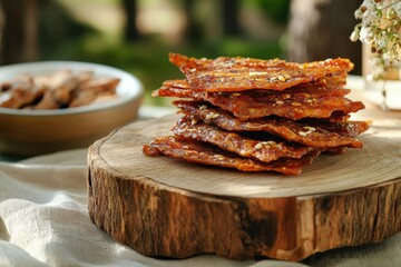 Poster - Organic chicken jerky on wood stand with a country style napkin