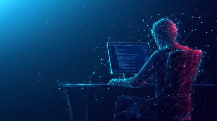 Poster - computer technology low poly wireframe banner vector template. software development, freelance poste