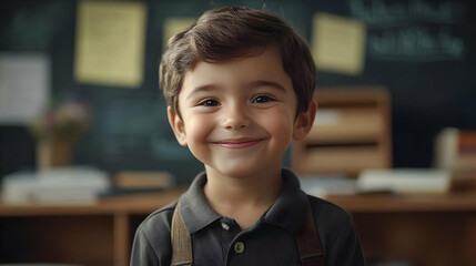 Wall Mural - A smiling boy in a classroom setting with a cheerful expression.