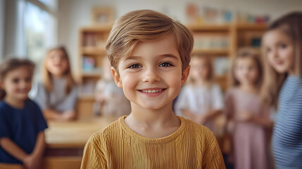 Wall Mural - A smiling boy in a classroom with children in the background.