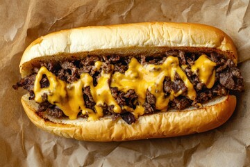 Sticker - Overhead shot of Philadelphia cheesesteak on table