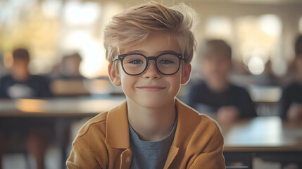 Wall Mural - A smiling boy in glasses sitting in a classroom.