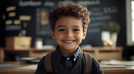 Wall Mural - A smiling child in a classroom setting, showcasing joy and learning.