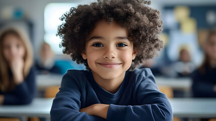 Wall Mural - A smiling child in a classroom, engaging with peers.