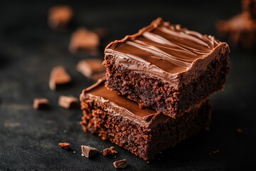 Poster - Selective focus on chocolate icing on chestnut brownies against black background