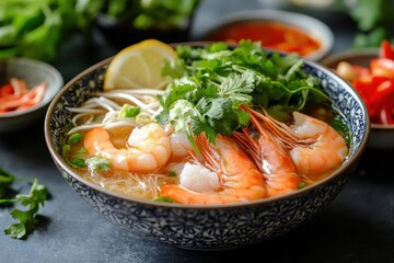 Sticker - Sharp image of PHO soup with shrimp in bowl with clipping path