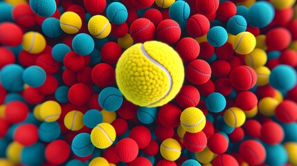 A bunch of tennis balls in various colors are scattered on a purple background