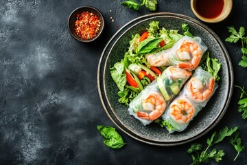 Sticker - Shrimp and vegetable spring roll on plate top down view